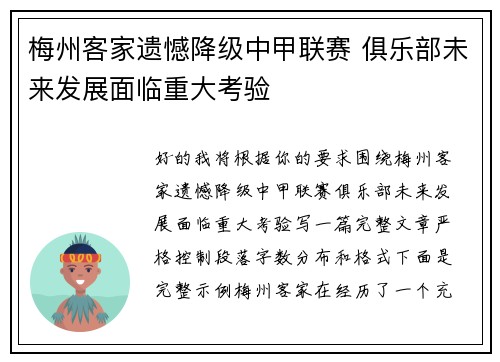 梅州客家遗憾降级中甲联赛 俱乐部未来发展面临重大考验