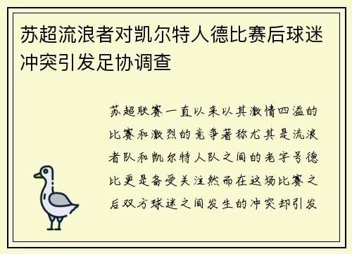 苏超流浪者对凯尔特人德比赛后球迷冲突引发足协调查