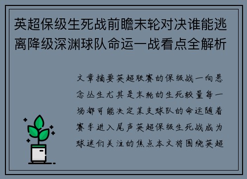 英超保级生死战前瞻末轮对决谁能逃离降级深渊球队命运一战看点全解析
